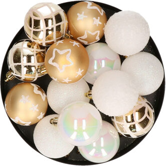 Atmosphera Kerstballen - 15st - kunststof - wit-goud - 5cm - Kerstbal Multikleur