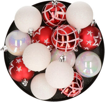 Atmosphera Kerstballen - 15st - kunststof - wit-rood - 5cm - Kerstbal Multikleur