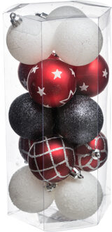 Atmosphera Kerstballen - 15x st - wit/rood/zwart - D5 cm - kunststof - gedecoreerd