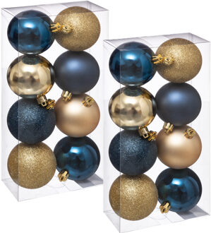 Atmosphera Kerstballen - 16x st - kunststof - blauw-champagne - 7 cm - kerstversiering