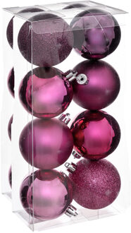 Atmosphera kerstballen - 16x stuks - framboos roze - kunststof - 7 cm - Kerstbal