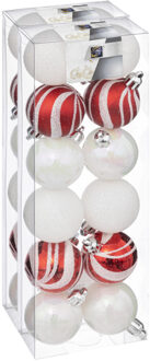 Atmosphera Kerstballen - 24x stuks - parelmoer wit/rood- 4 cm - kunststof