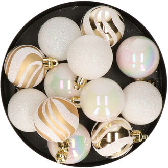 Atmosphera kerstballen - D4 cm - 12x- parelmoer wit/goud - plastic - Kerstbal Goudkleurig