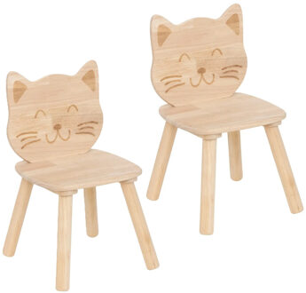 Atmosphera Kinder stoeltje Katje/poes - 2x - naturel - hout - D30 x H50 cm - bijzet stoeltjes