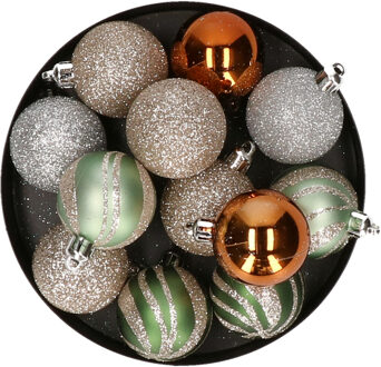 Atmosphera Kleine kerstballen - 12x st - champagne/oker/lichtgroen - D4 cm - kunststof - kerstversiering
