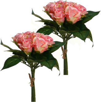 Atmosphera kunstbloemen 2 boeketten 9 roze rozen 24 cm