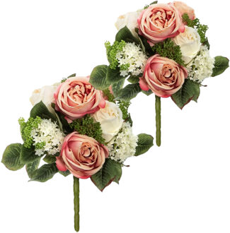 Atmosphera kunstbloemen 2x boeketten wit/roze rozen 35 cm