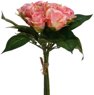 Atmosphera kunstbloemen - boeket - 9 rozen - roze - 24 cm - Kunstbloemen