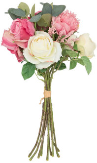 Atmosphera Kunstbloemen boeket - H50 cm - roze/groen/wit - rozen - bloemstuk Multi