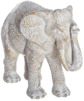 Atmosphera Olifanten dierenbeeldje/woondecoratie beige wit Mandala 19 x 10 x 15 cm