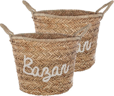 Atmosphera Opbergmand Bazar - 2x - rond - riet - naturel - 40 x 36 cm - opvouwbaar - decoratie mand