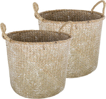 Atmosphera Opbergmand Julian - 2x - rond - riet - naturel - 37 x 27 cm - opvouwbaar - decoratie mand