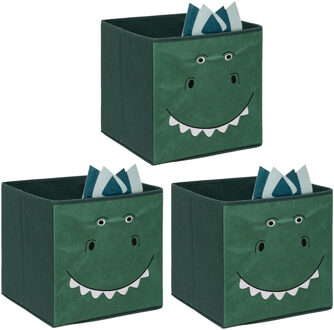 Atmosphera Opbergmand/kastmand dino - 3x - voor kinderen - karton/kunststof - groen - 30 x 30 x 30 cm
