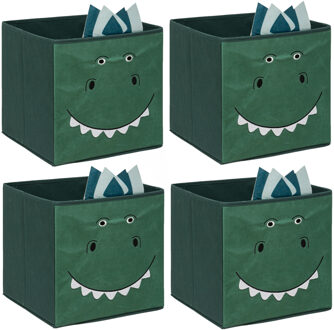 Atmosphera Opbergmand/kastmand dino - 4x - voor kinderen - karton/kunststof - groen - 30 x 30 x 30 cm