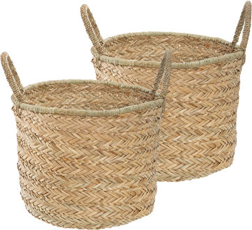 Atmosphera Opbergmand Opra - 2x - rond - riet - naturel - 28 x 34 cm - opvouwbaar - decoratie mand
