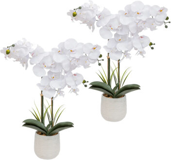 Atmosphera Orchidee bloemen kunstplant in een witte bloempot - 2x - witte bloemen - H60 cm - Kunstplanten