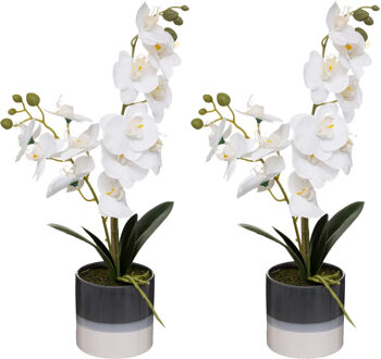 Atmosphera Orchidee bloemen kunstplant in sierlijke blauwe bloempot - 2x - witte bloemen - H45 cm
