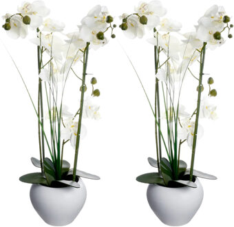 Atmosphera Orchidee bloemen kunstplant in witte bloempot - 2x - witte bloemen - H53 cm - Kunstplanten