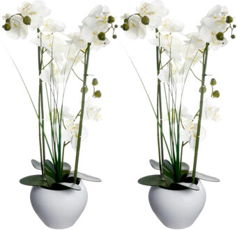 Atmosphera Orchidee bloemen kunstplant in witte bloempot - 2x - witte bloemen - H53 cm