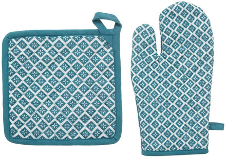 Atmosphera Ovenwant set met pannenlap - blauw - katoen - 20 x 32 cm - chef - keukenbenodigdheden