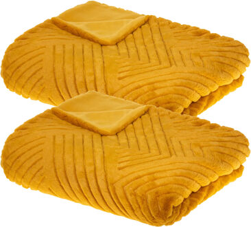 Atmosphera Plaid/bank deken Amiens - 2x - okergeel - 180 x 230 cm - polyester fleece - strepenmotief