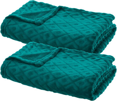 Atmosphera Plaid/bank deken Monnet - 2x - mediteraan blauw - 180 x 230 cm - polyester fleece - ruitm