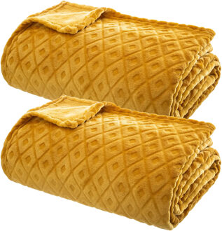 Atmosphera Plaid/bank deken Monnet - 2x - okergeel - 180 x 230 cm - polyester fleece - ruitmotief