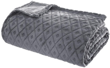 Atmosphera Plaid/bank deken Monnet - betongrijs - 180 x 230 cm - polyester fleece - ruitmotief