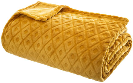 Atmosphera Plaid/bank deken Monnet - okergeel - 180 x 230 cm - polyester fleece - ruitmotief