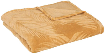 Atmosphera Plaid/bank deken Zoa - okergeel - 125 x 150 cm - polyester fleece - Leafs motief