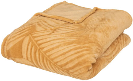 Atmosphera Plaid/bank deken Zoa - okergeel - 180 x 230 cm - polyester fleece - Leafs motief