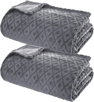 Atmosphera Plaid/bankdeken Monnet - 2x - betongrijs - 180 x 230 cm - polyester fleece - ruitmotief - Plaids