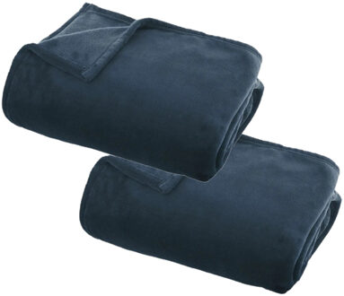 Atmosphera Plaid deken - 2x - denim blauw - polyester - 130 x 180 cm - Bankdeken - Fleece plaid