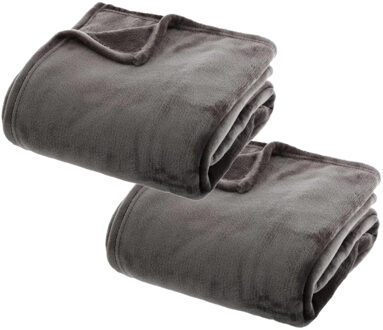Atmosphera Plaid deken - 2x - donkergrijs - polyester - 130 x 180 cm - Bankdeken - Fleece plaid