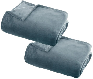 Atmosphera Plaid deken - 2x - ijsblauw - polyester - 125 x 150 cm - Bankdeken - Fleece plaid
