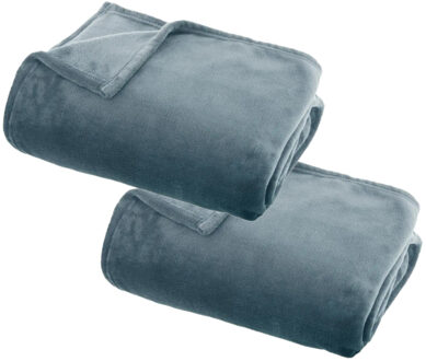 Atmosphera Plaid deken - 2x - ijsblauw - polyester - 130 x 180 cm - Bankdeken - Fleece plaid