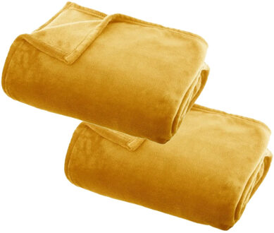 Atmosphera Plaid deken - 2x - okergeel - polyester - 125 x 150 cm - Bankdeken - Fleece plaid