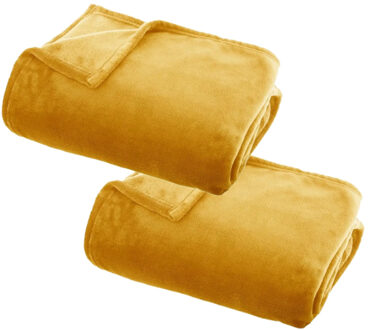 Atmosphera Plaid deken - 2x - okergeel - polyester - 130 x 180 cm - Bankdeken - Fleece plaid