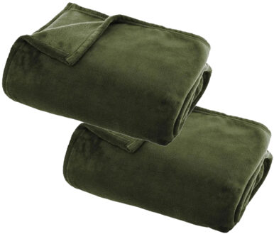 Atmosphera Plaid deken - 2x - olijfgroen - polyester - 125 x 150 cm - Bankdeken - Fleece plaid