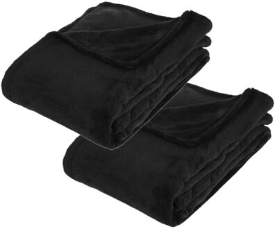 Atmosphera Plaid deken - 2x - zwart - polyester - 130 x 180 cm - Bankdeken - Fleece plaid
