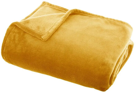 Atmosphera Plaid deken - okergeel - polyester - 125 x 150 cm - Bankdeken - Fleece plaid