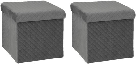 Atmosphera Poef/hocker - 2x - opbergbox - fluweel donkergrijs - kunststof/mdf - 31 x 31 x 31 cm - opvouwbaar