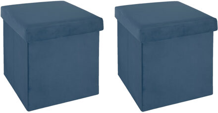 Atmosphera Poef/hocker/voetenbankje - 2x - opbergbox - blauw - PO/MDF - 38 x 38 x 38 cm - Poefs