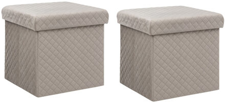 Atmosphera Poef/hocker/voetenbankje - 2x - opbergbox - fluweel beige - PO/MDF - 31 x 31 x 31 cm - Poefs