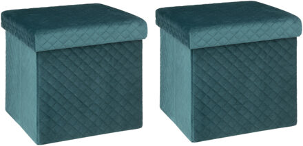 Atmosphera Poef/hocker/voetenbankje - 2x - opbergbox - fluweel blauw - PO/MDF - 31 x 31 x 31 cm - Poefs