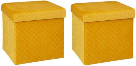 Atmosphera Poef/hocker/voetenbankje - 2x - opbergbox - fluweel geel - PO/MDF - 31 x 31 x 31 cm - Poefs