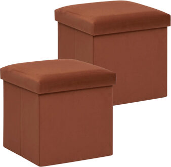 Atmosphera Poef/krukje/hocker Amber - 2x - Opvouwbare opslag box - fluweel roest bruin - D38 x H38 cm - Poefs