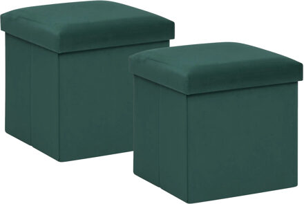 Atmosphera Poef/krukje/hocker Amber - 2x - Opvouwbare opslag box - fluweel smaragd groen - D38 x H38 cm - Poefs