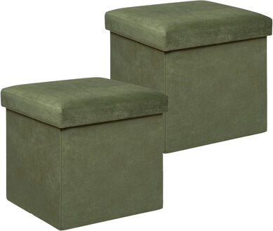 Atmosphera Poef/krukje/hocker Amber - 2x - Opvouwbare zit opslag box - fluweel Dennengroen - D38 x H38 cm