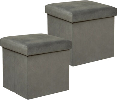 Atmosphera Poef/krukje/hocker Amber - 2x - Opvouwbare zit opslag box - fluweel Donkergrijs - D38 x H38 cm